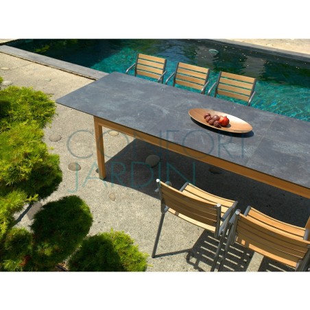 Table extensible TEKURA - 214/305 x 100 x 76 cm - teck et HPL ardoise - LES JARDINS