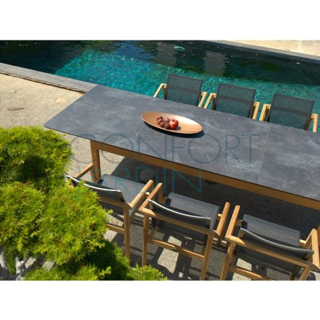 Table extensible TEKURA - 214/305 x 100 x 76 cm - teck et HPL ardoise - LES JARDINS