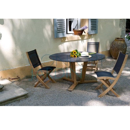 Table ronde TEKURA - D.140 x 74 cm - teck et HPL ardoise - LES JARDINS